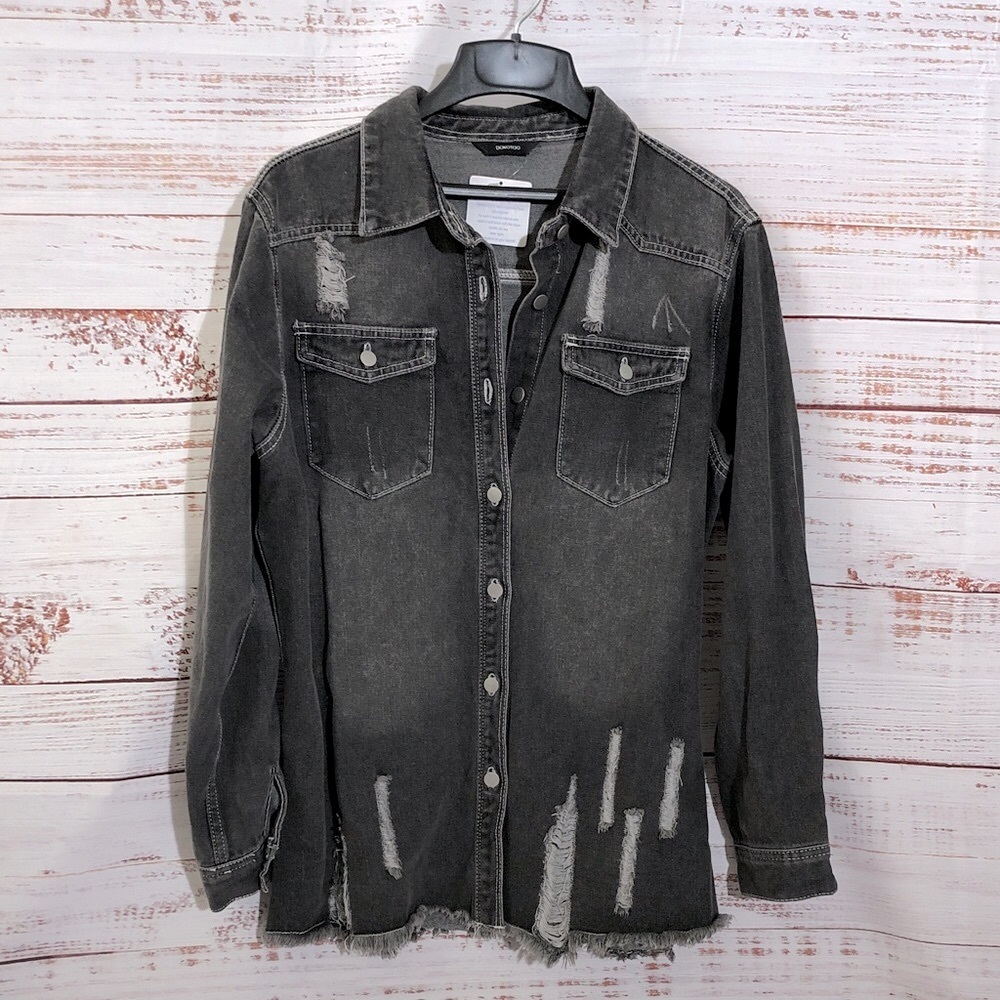 NWT Dokotoo Distressed faded Black charcoal gray Denim shirt Jacket top XL